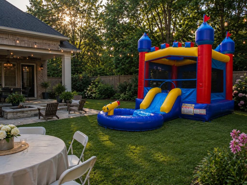 Castle bounce house with water slide and splash pool beside a patio in a private yard