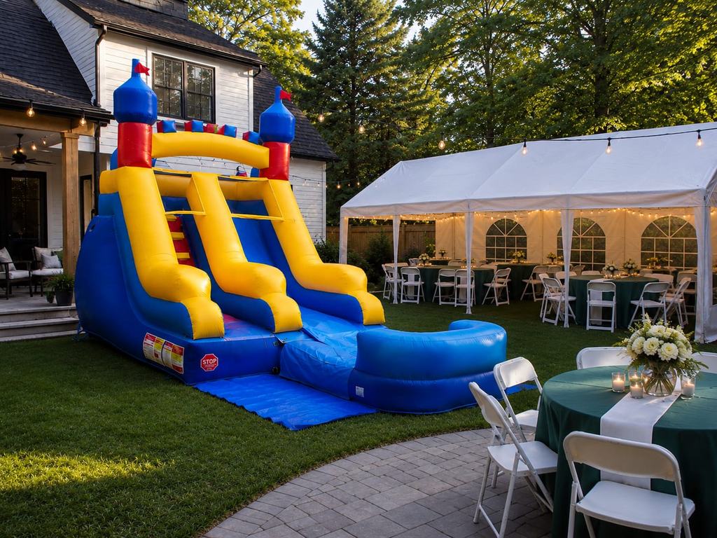 Combo bounce house with double slide set up beside a white event tent