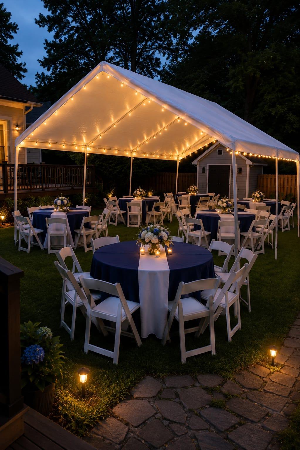 White tent transformed with warm string lights, tables and centerpieces