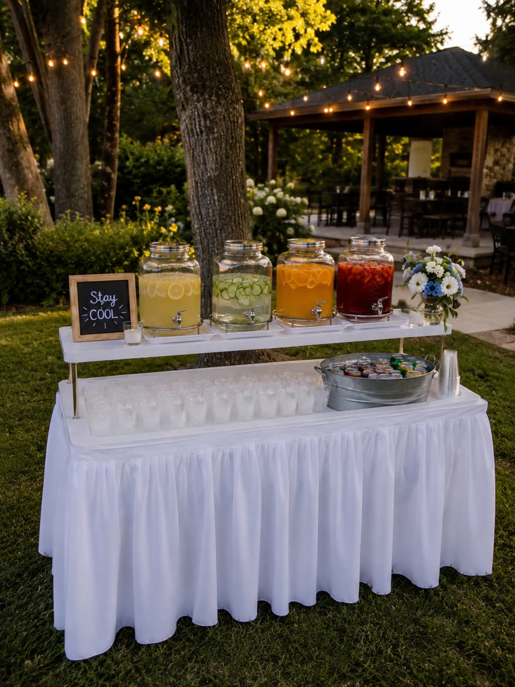 Two-tier drink station with lemonade, cucumber water and punch on a white skirted table