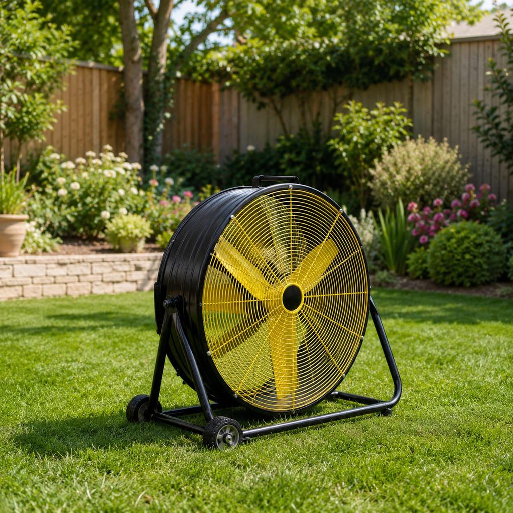 High-volume industrial event fan rental cooling a backyard party in Georgia summer heat