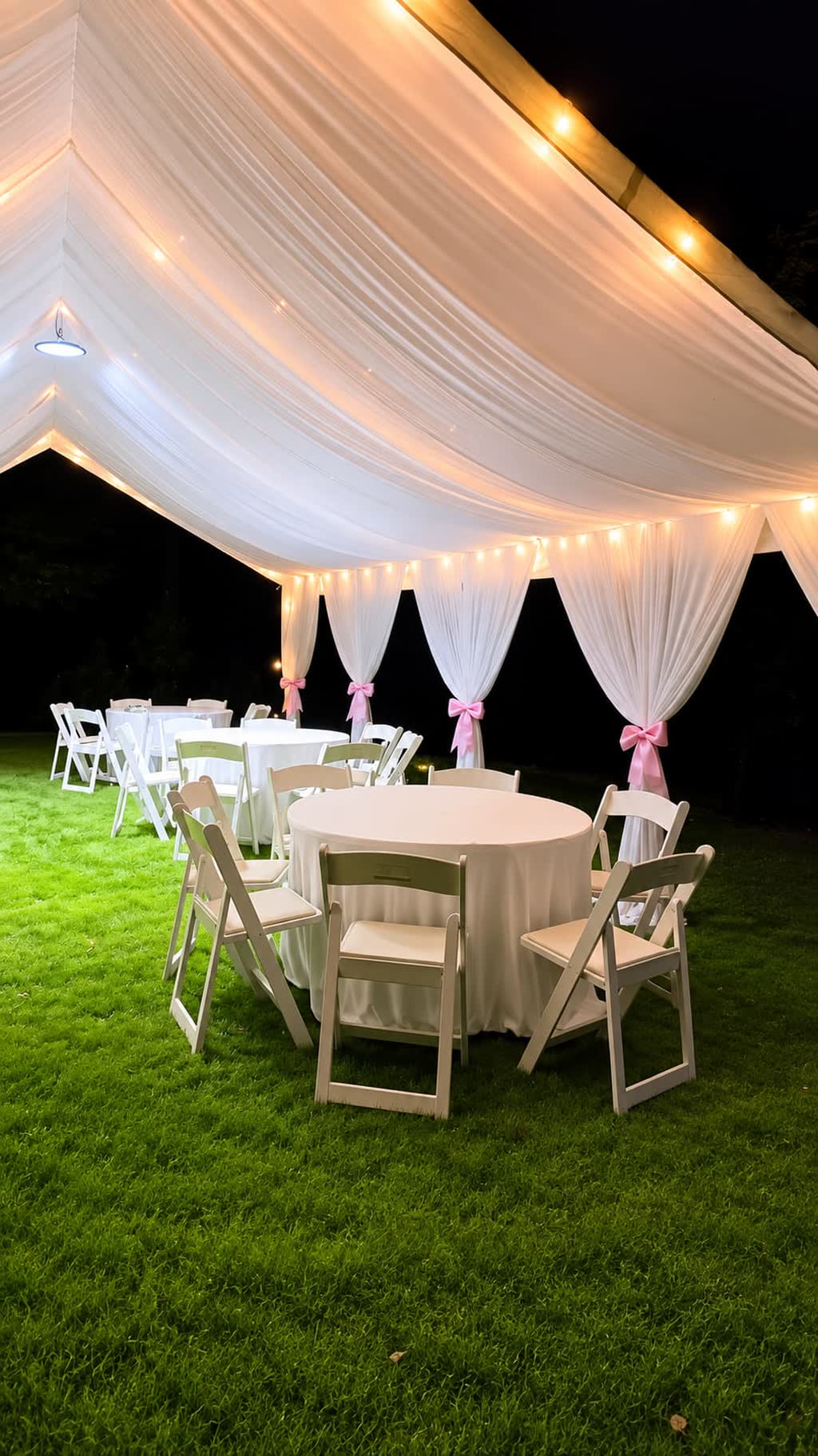 Draped tent ceiling with string lights and pink bows over a backyard lawn
