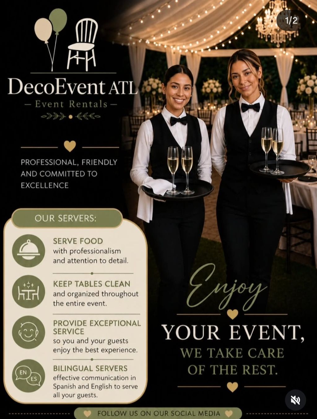 Bilingual DecoEvent ATL service team carrying drinks at an event