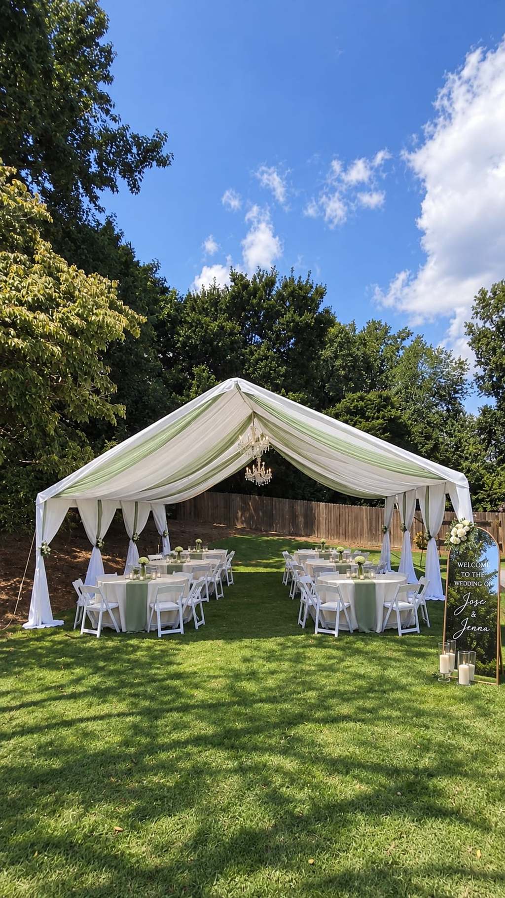Sage and ivory draped tent with a crystal chandelier, round tables and white folding chairs on a backyard lawn for a wedding — event rentals in Braselton, GA