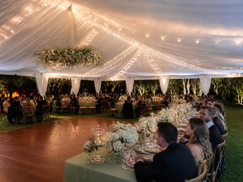 Backyard wedding reception under a draped white tent with string lights, head table florals and a dance floor