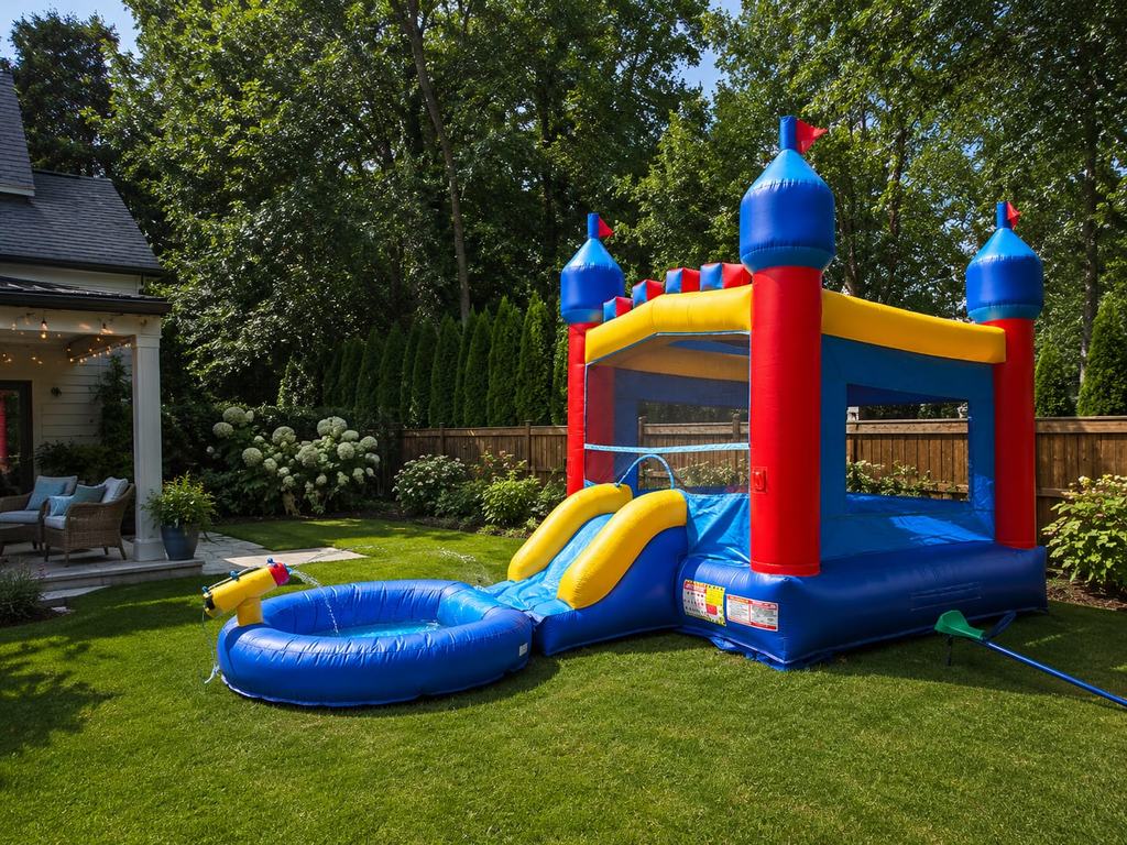 Blue castle bounce house with slide and splash pool under backyard trees
