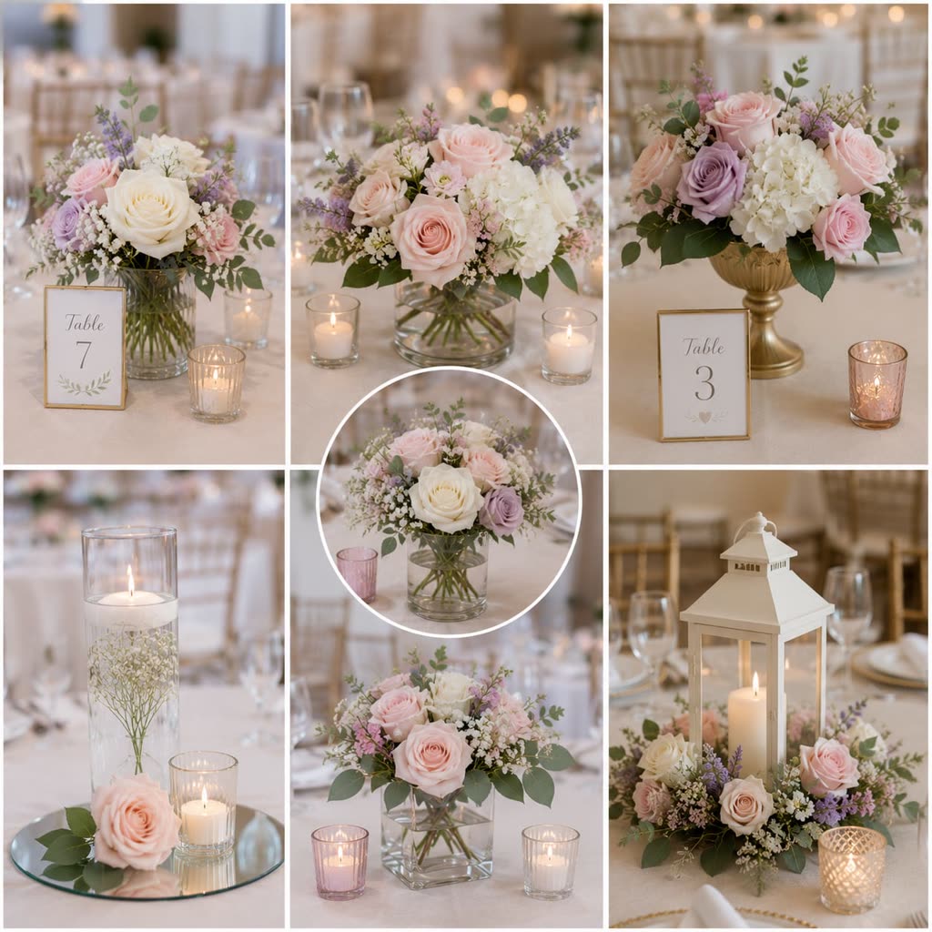 Blush and lavender rose centerpieces with gold table numbers and votive candles for a wedding table setting