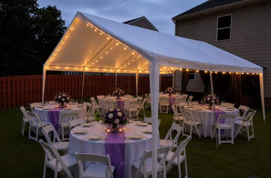 Tent with purple linens, round tables and warm lighting at dusk