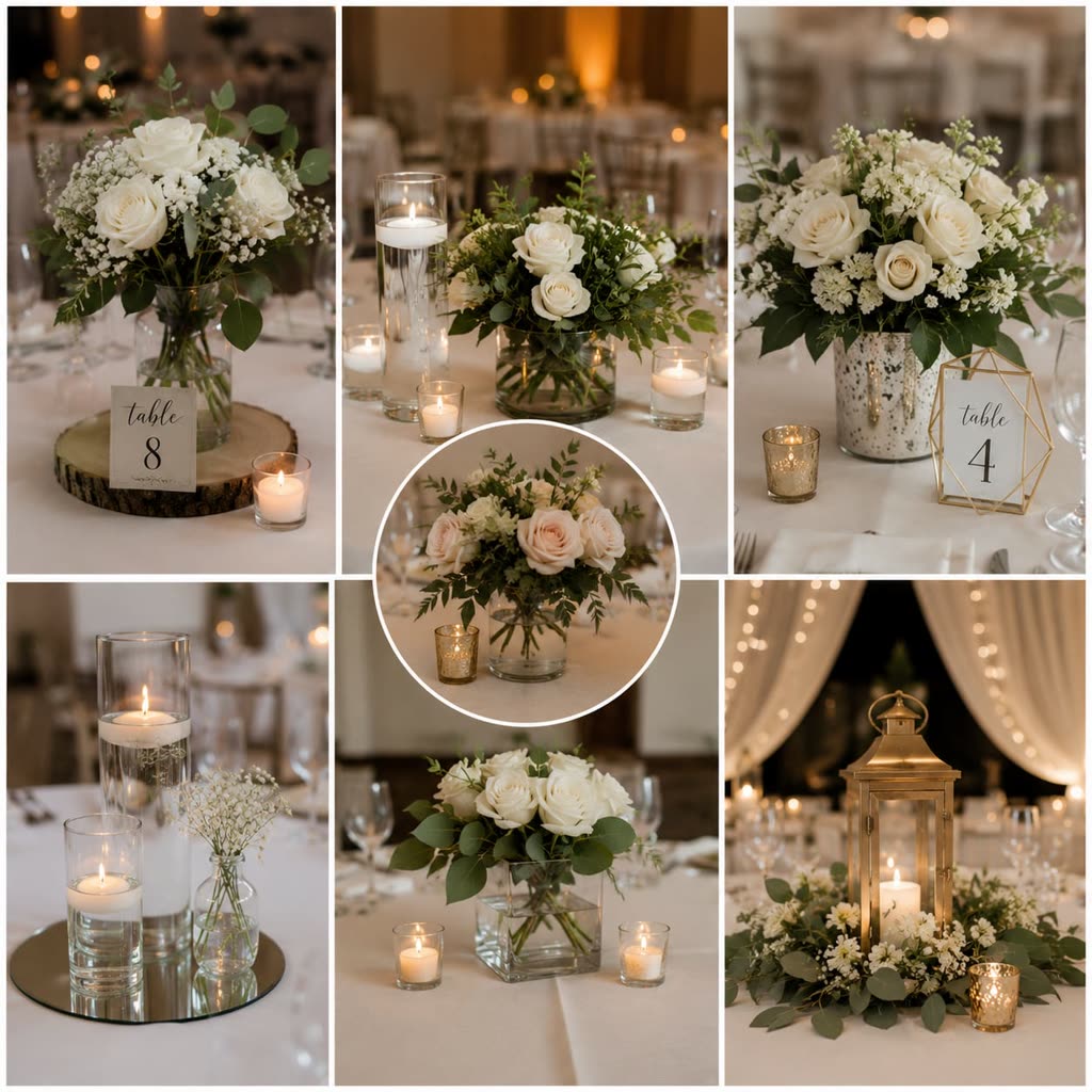 White rose and eucalyptus centerpieces with floating candles and gold lanterns for an elegant wedding reception