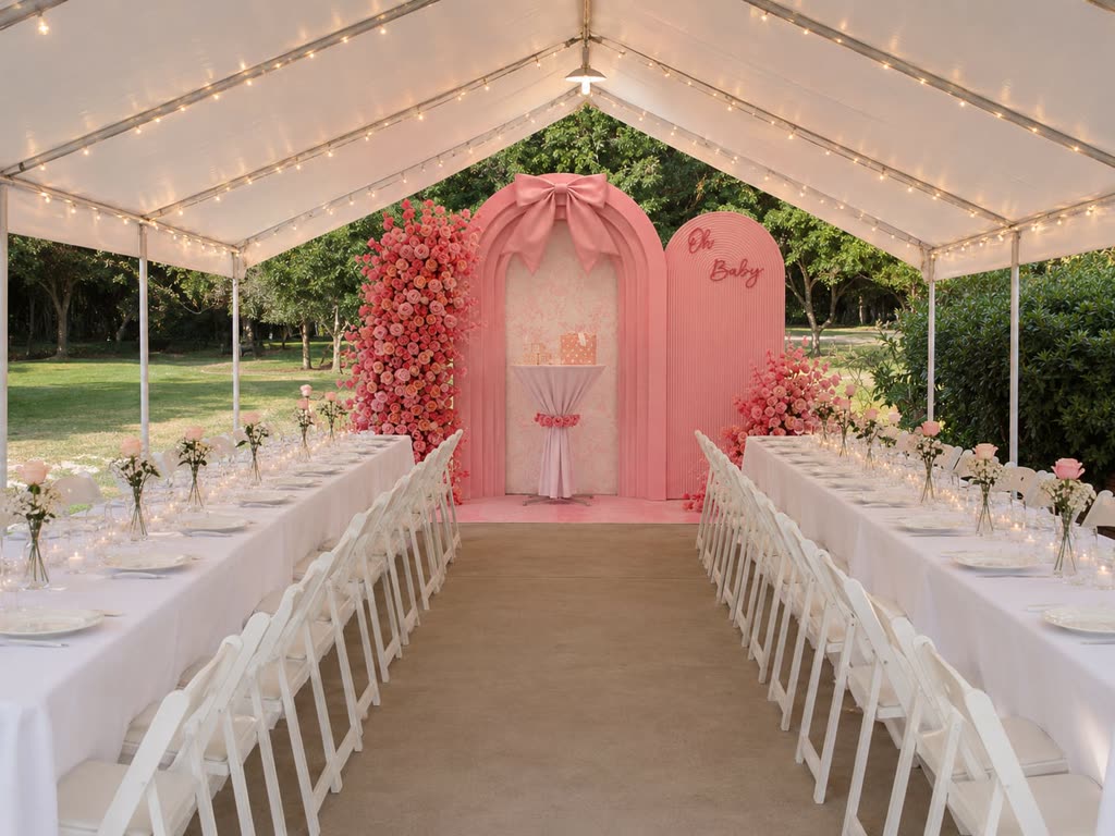 Dessert and lemonade station with skirted table, cookies, mini pastries and drink dispensers — event setup in Avalon District, Alpharetta, GA