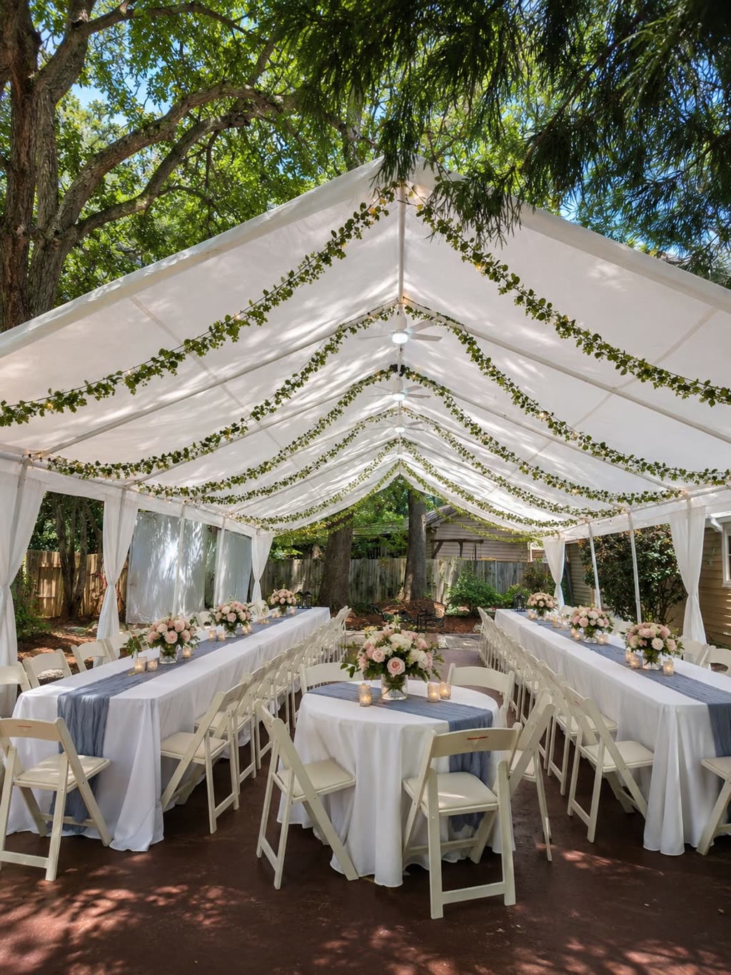 White frame tent with eucalyptus garlands, draped sidewalls, long tables and white folding chairs in a backyard