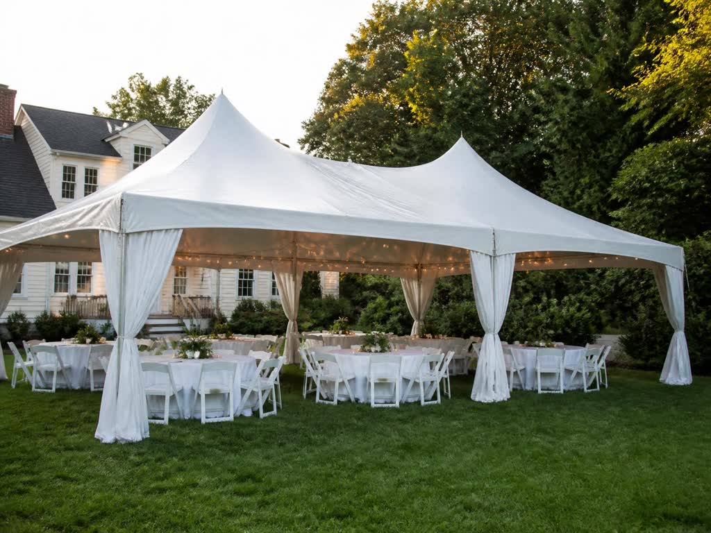 White frame tent with round tables, white folding chairs and string lights on a backyard lawn