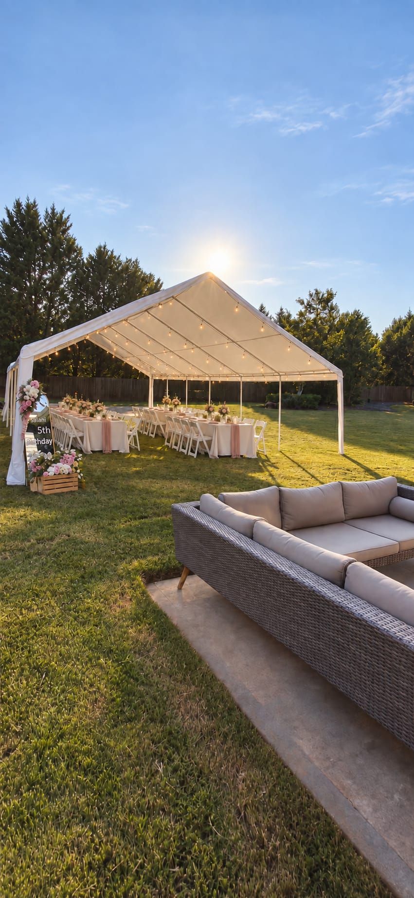 Backyard 5th birthday tent at golden hour with long banquet tables, pink runners, florals and a welcome sign