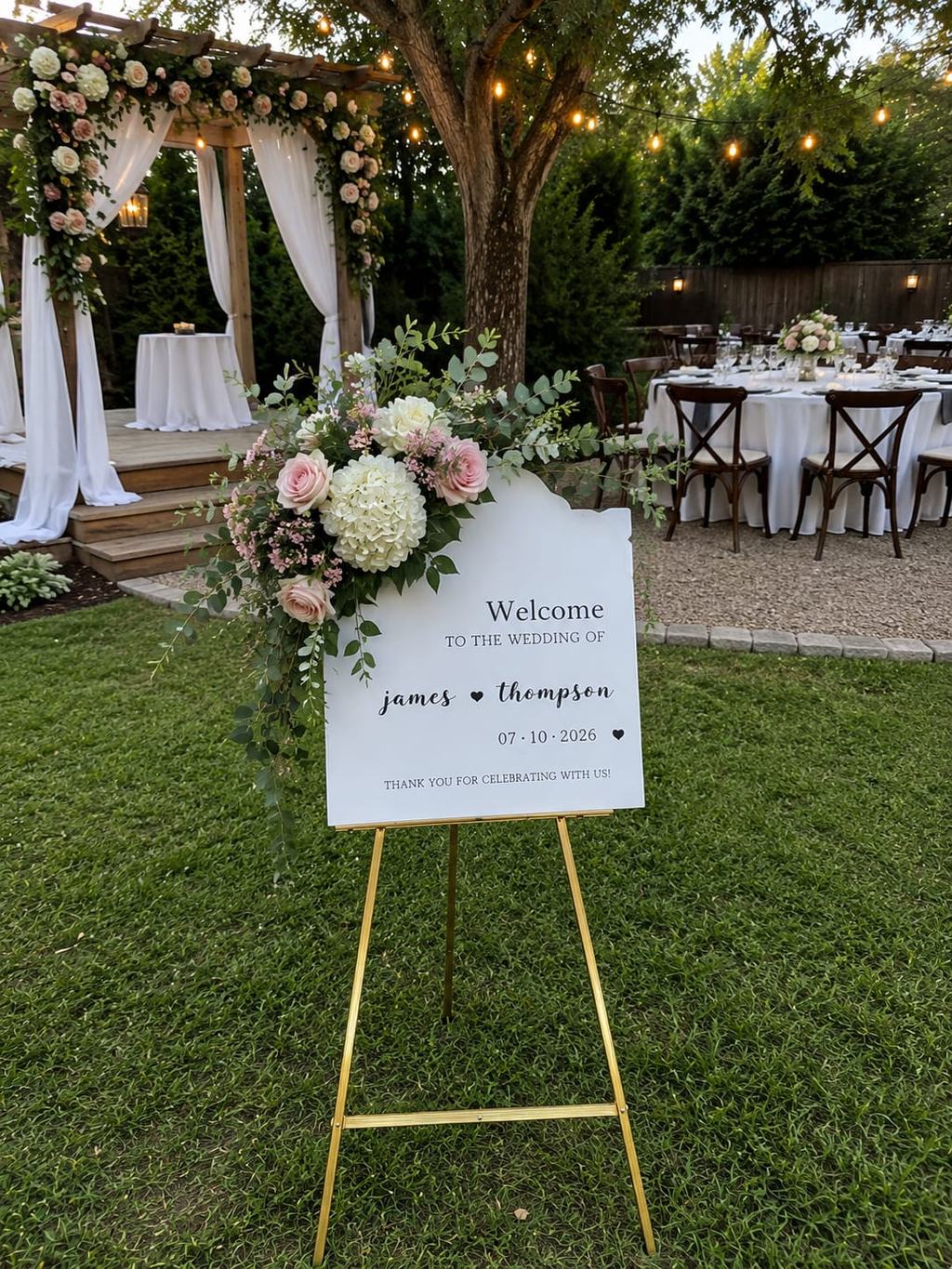 Wedding welcome sign with white and blush florals on a gold easel at a backyard wedding