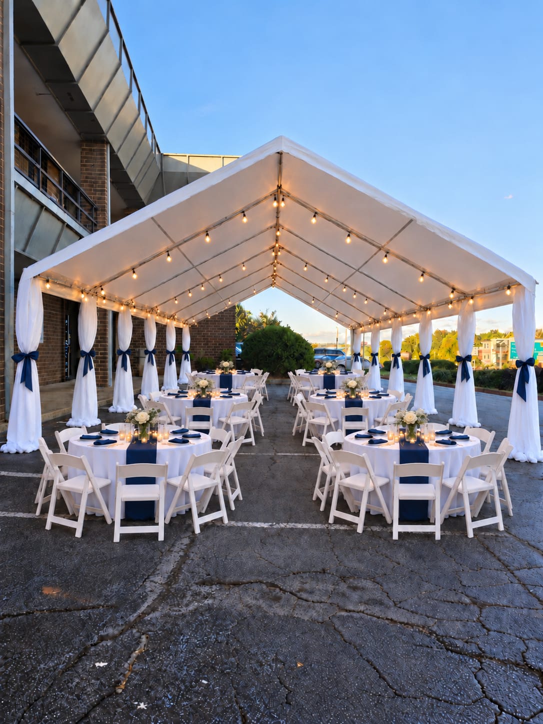 White frame tent at dusk dressed with navy bows, string lights, round tables and white folding chairs on a paved lot