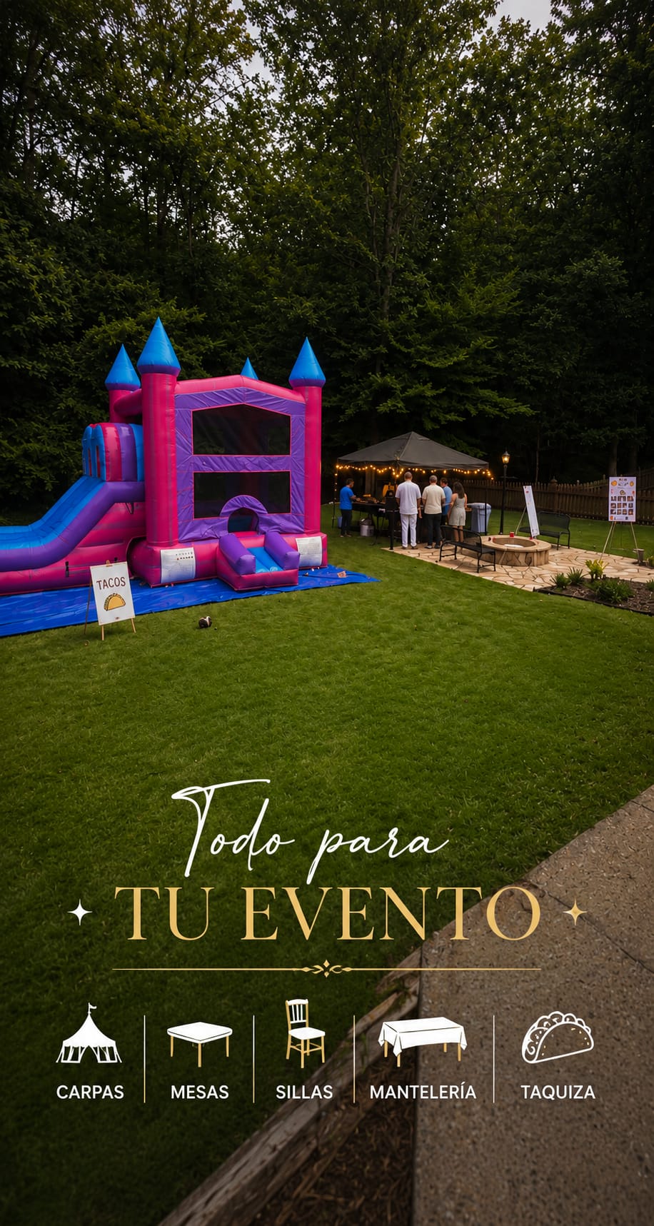Everything for your event: tents, tables, chairs, linens and taquiza — pink castle bounce house set up in a North Georgia backyard