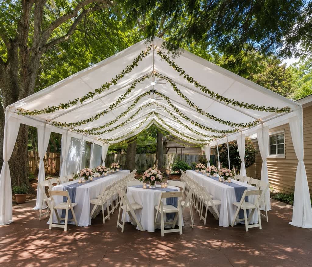White canopy with eucalyptus garlands, long tables and folding chairs in a shaded backyard