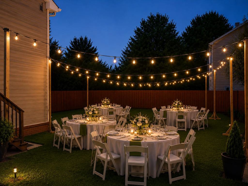 Backyard evening reception with round tables, white chairs and string lights overhead
