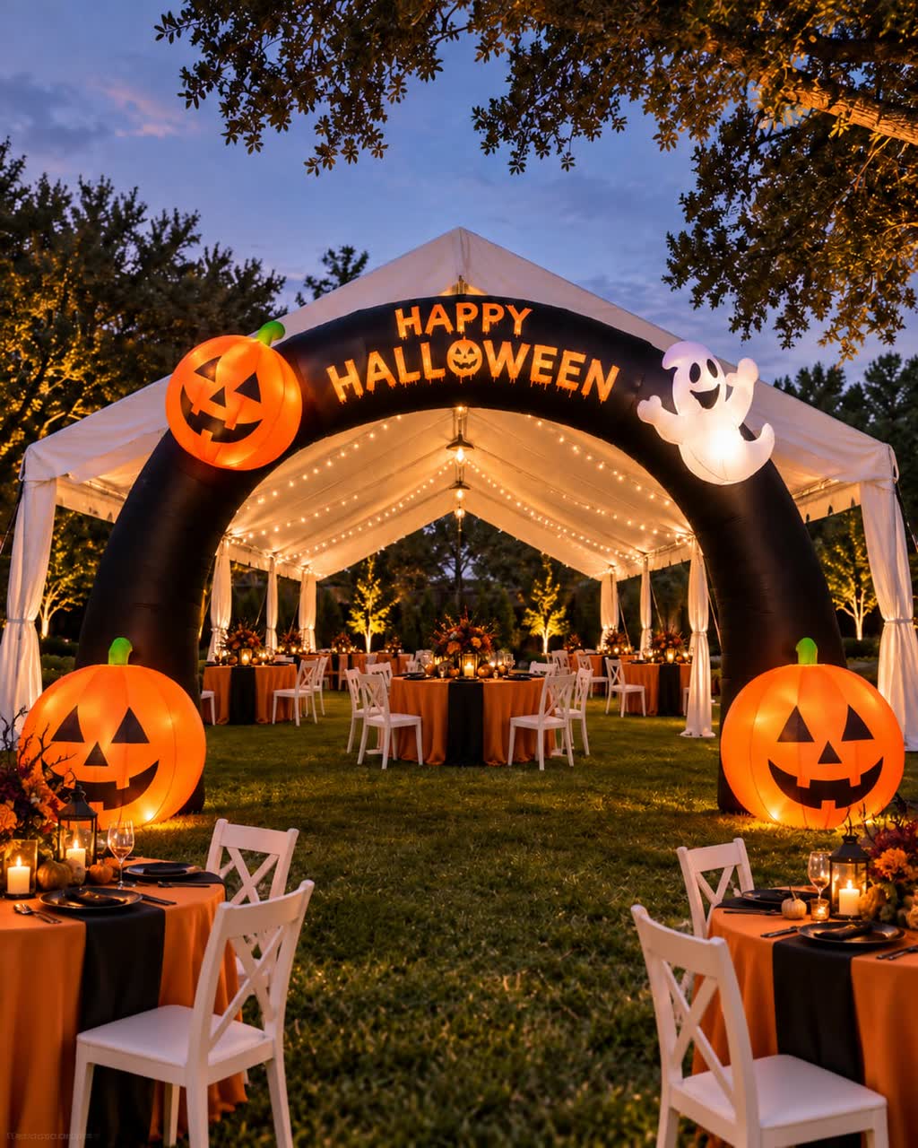 White frame tent with an inflatable Happy Halloween arch, glowing pumpkins, string lights and orange and black table linens on a lawn at dusk — event rentals in Braselton, GA